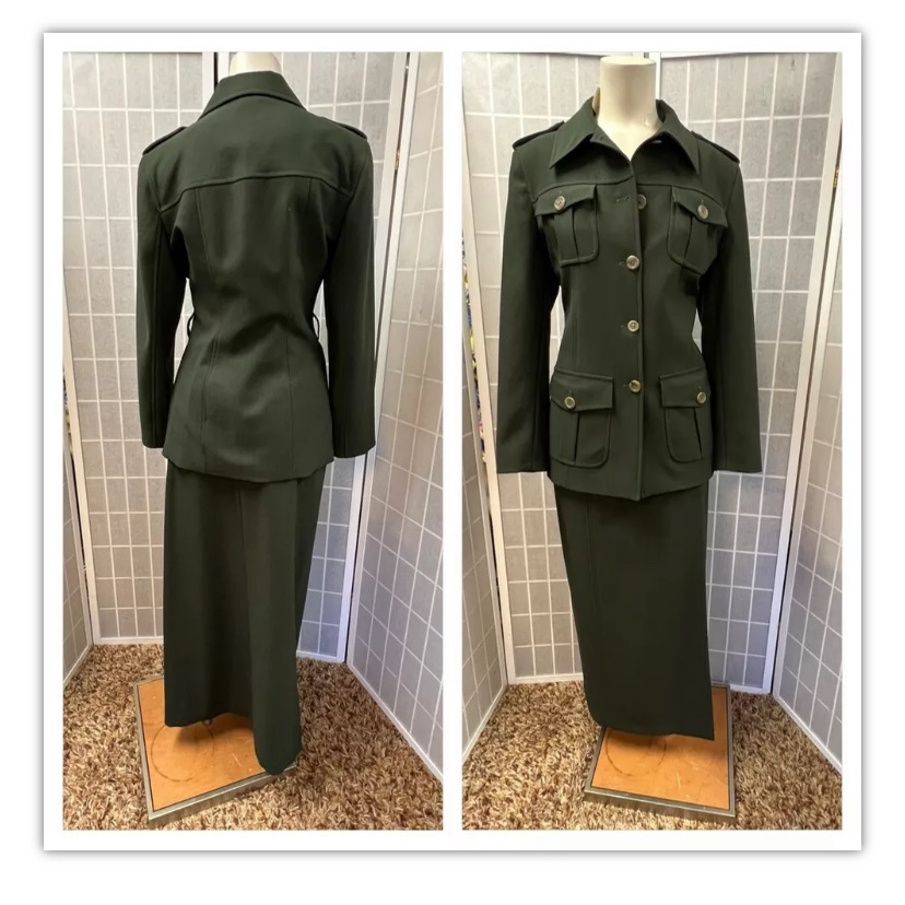 Pinko, Women, Suit, 2pieces, Long, Skirt/Military Style Jacket, Green, Size 8.: